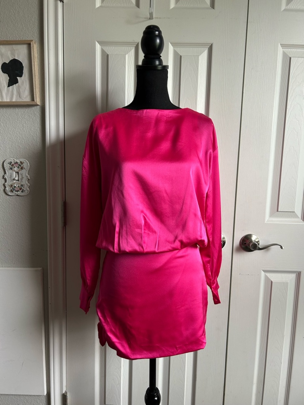 Lumiere hot pink long sleeve open back mini dress